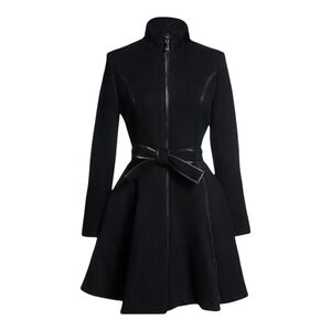 Dawn Levy Fergie black wool flare full zip belted coat jacket size S